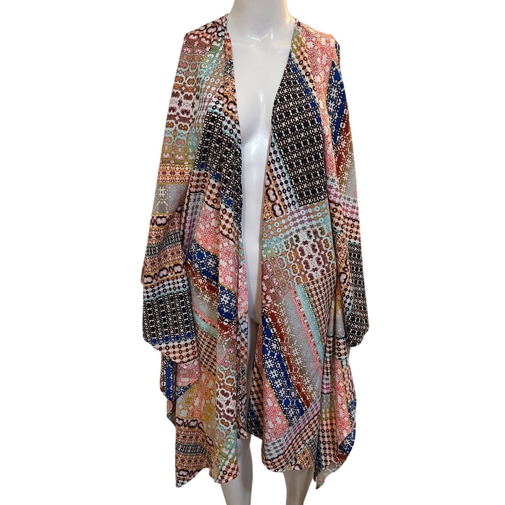 Boutique Plus Women Monica Tile Patchwork Kimono Cardigan Multi‎ Color 0X-1X